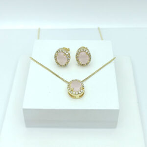 Conjunto Princesa Quartzo Rosa Folheado a Ouro 18K